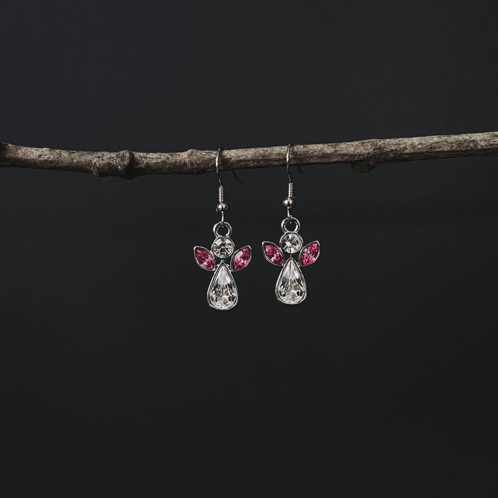 Dainty Silver Angel Crystal Rhinestone Pink Wings October Birthstone Earrings - Picture 5 of 7